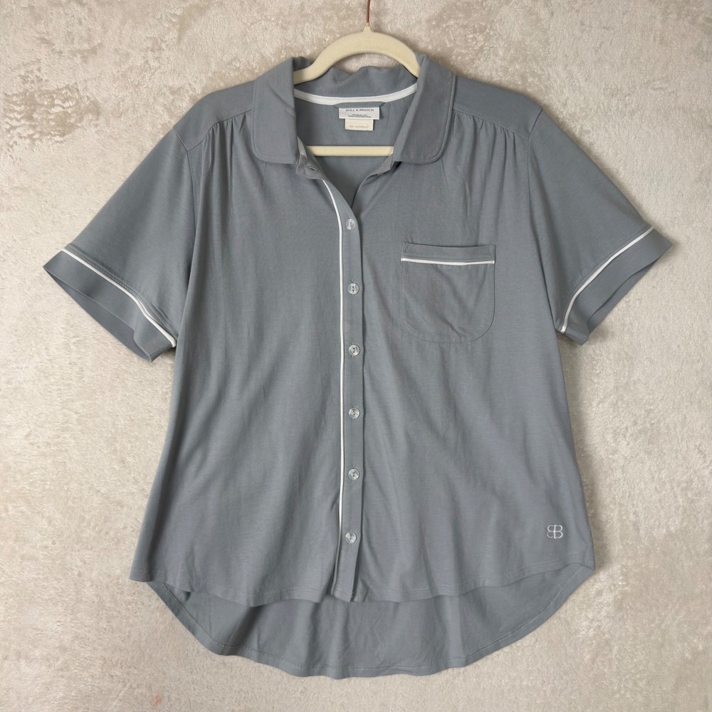Boll & Branch Womens Gray Organic Cotton Button Down Pajama Top M Short Sleeve